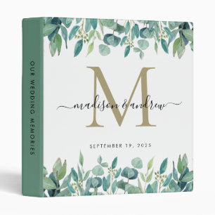 Greenery Eucalyptus Monogram Gold Wedding Album 3 Ring Binder
