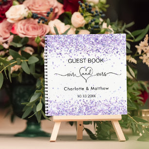 Guest book white purple mr mrs heart wedding