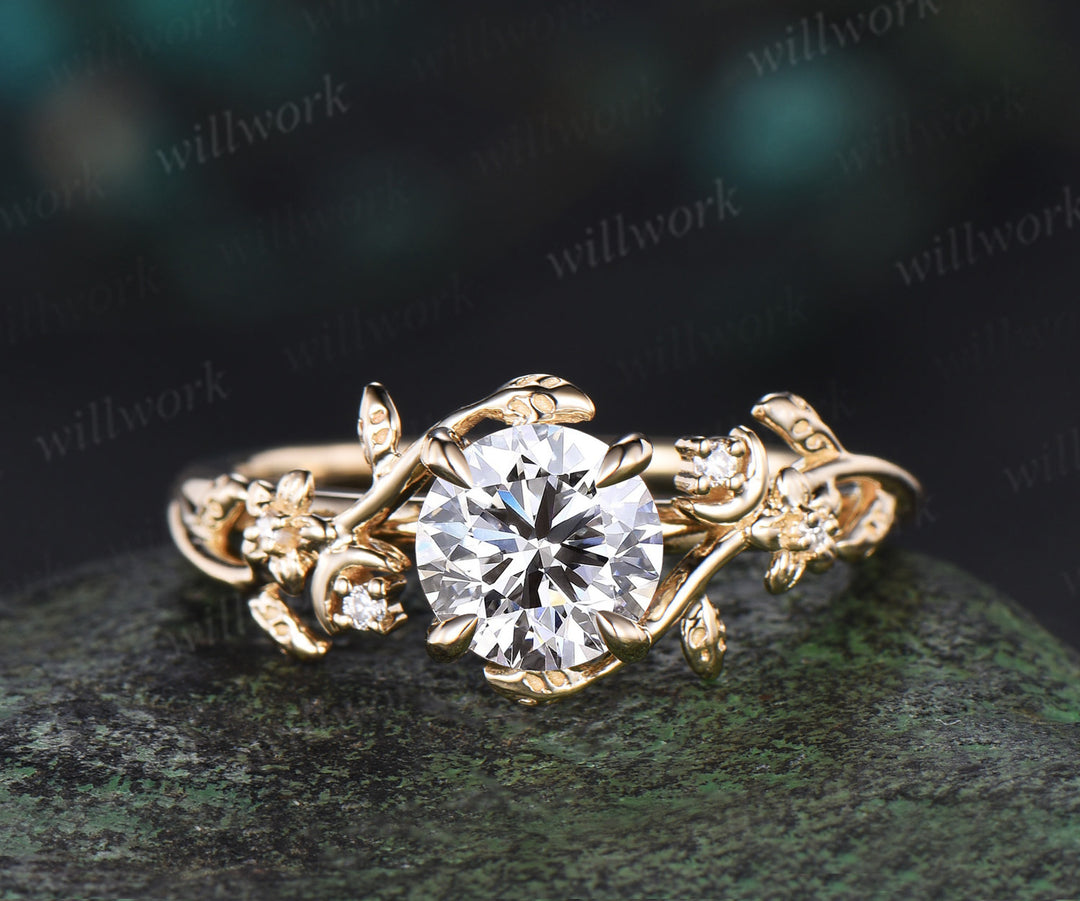 1ct Round Cut IGI Lab Grown Diamond Engagement Ring 14k Yellow Gold Moon Floral Five Stone Ring Vintage Leaf Branch Promise Ring Women
