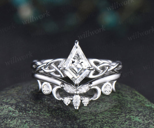 Kite Cut IGI Lab Grown Diamond Engagement Ring Set Solid 14k White Gold Celtic Knot Infinity Solitaire Promise Ring Women