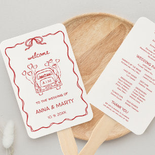 Hand-illustrated Retro Drawing Red Wedding Program Hand Fan