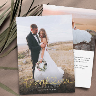 Hand Lettered Gold Script Heart Photos Wedding Thank You Card
