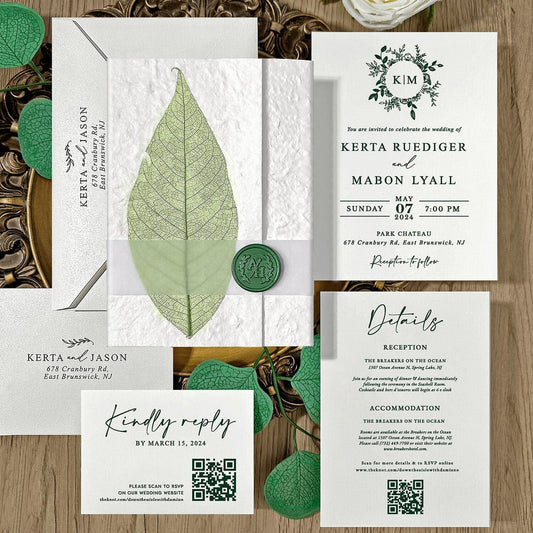 Handmade Botanical Wedding Invitations, Rustic Real Leaf Invites with Sage Green Wax Seal, Greenery Invitation with QR Code RSVP