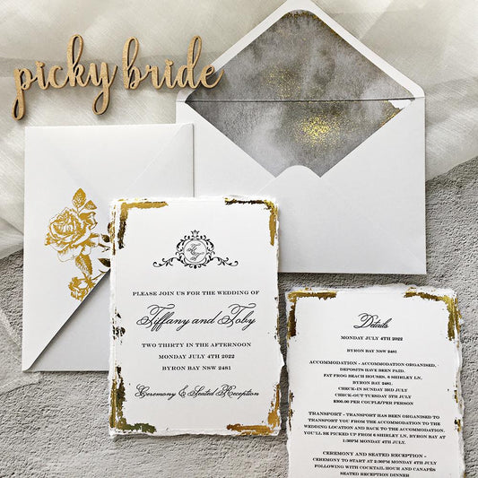 Handmade Gold Deckled Edge Wedding Invitations with Lining Envelopes