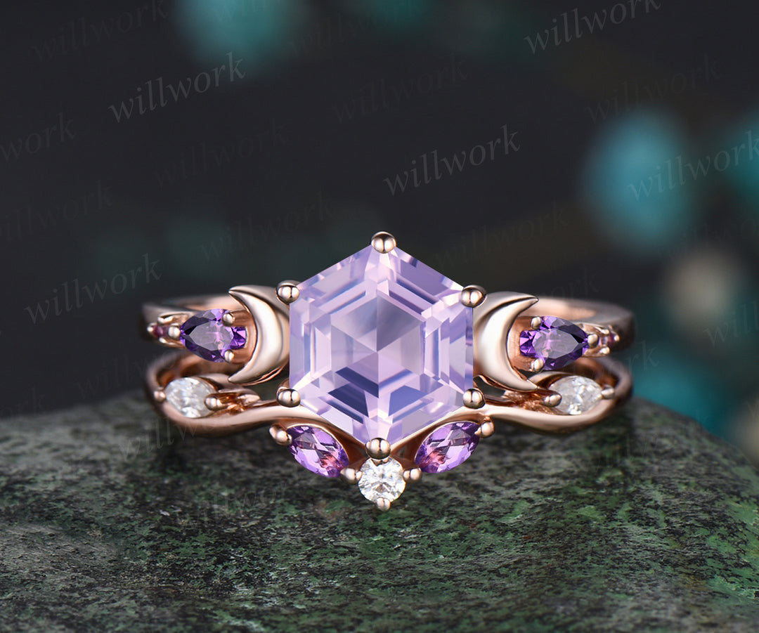 Hexagon Lavender Amethyst Engagement Ring Set 14k Rose Gold Five Stones Moon Ring Curved Amethyst Moissanites Wedding Band 2pcs Bridal Set
