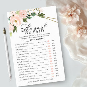 He Said She Said Game Pink Blush Bridal Shower Flyer