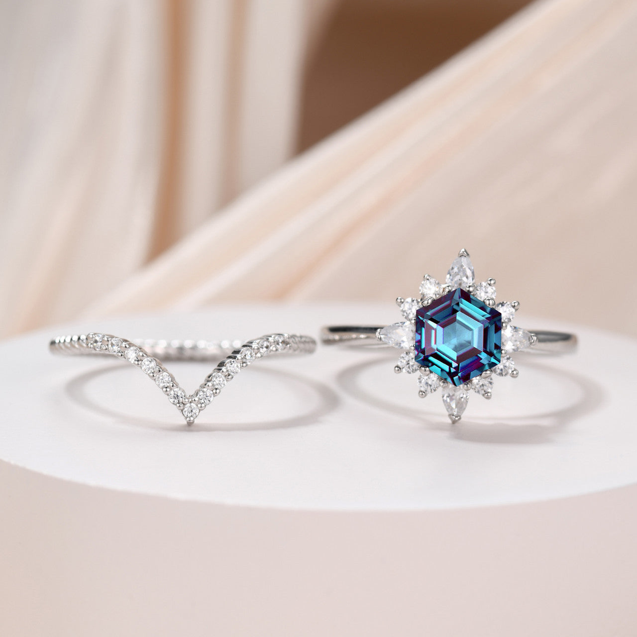 Hexgon Alexandrite Silver Ring Set White Gold Curved Elongated Rope Diamond Ring Hexagon Cut Alexandrite Jewelry