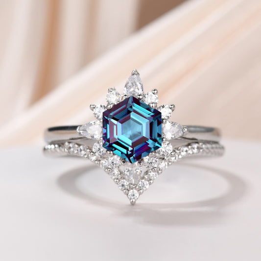 Hexgon Alexandrite Silver Ring Set White Gold Curved Elongated Rope Diamond Ring Hexagon Cut Alexandrite Jewelry