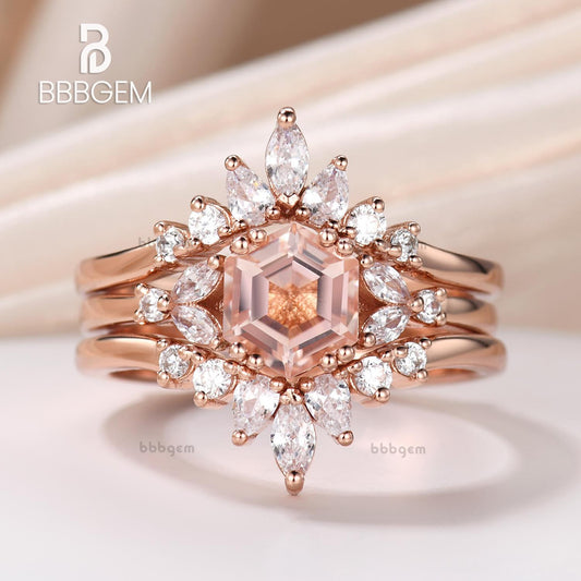 Hexagon morganite ring rose gold Vintage unique peach morganite diamond hexagon promise ring set for women