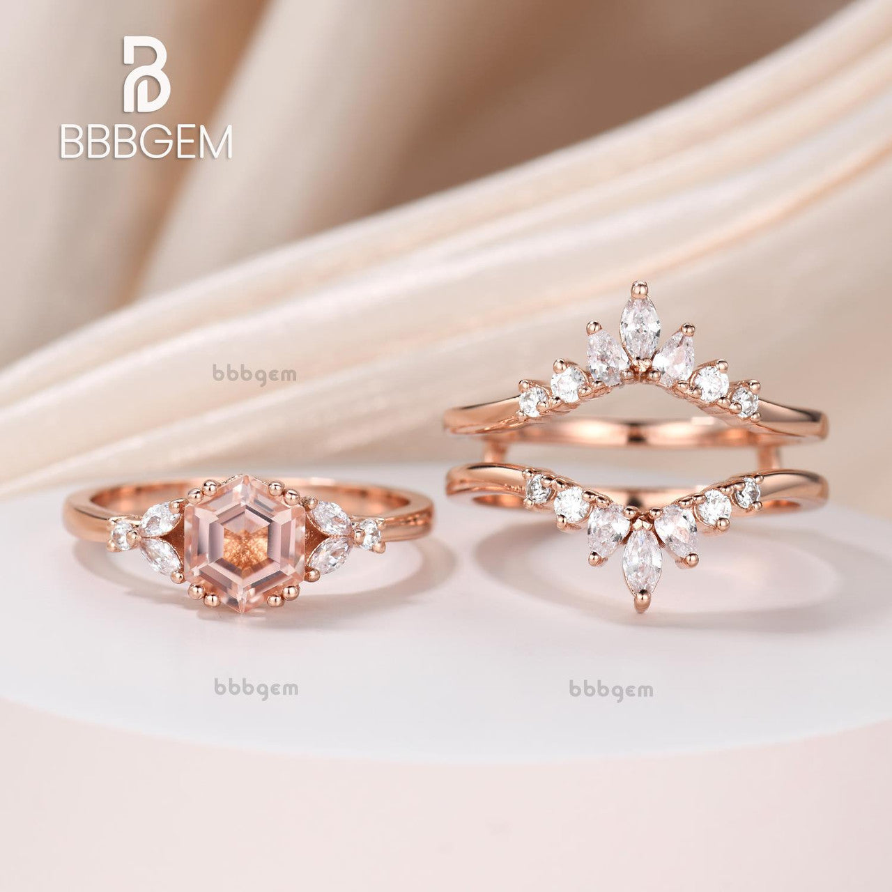 Hexagon morganite ring rose gold Vintage unique peach morganite diamond hexagon promise ring set for women