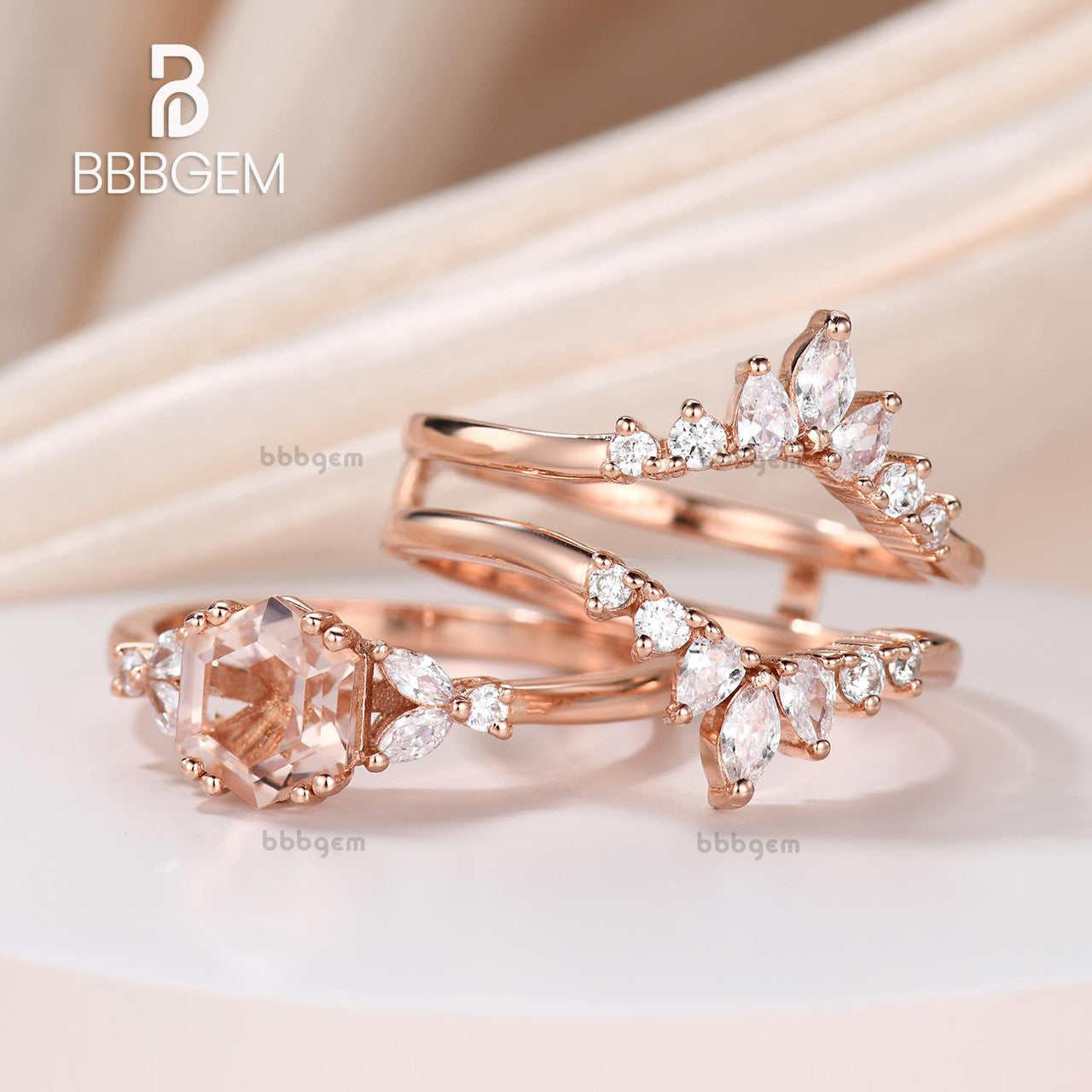 Hexagon morganite ring rose gold Vintage unique peach morganite diamond hexagon promise ring set for women