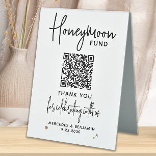 Honeymoon Fund Modern Calligraphy QR Code Wedding Table Tent Sign