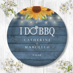I Do BBQ Rustic Wood Sunflowers Engagement Party Paper Plates