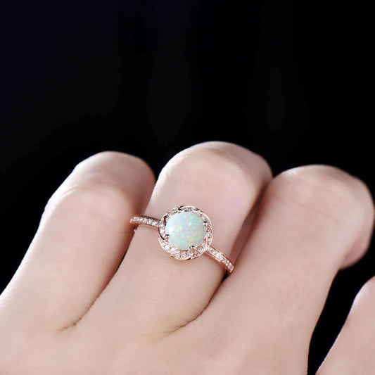 Fire White Opal Engagement Ring Diamond Opal Halo Ring