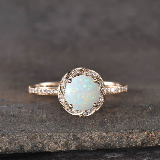Fire White Opal Engagement Ring Diamond Opal Halo Ring