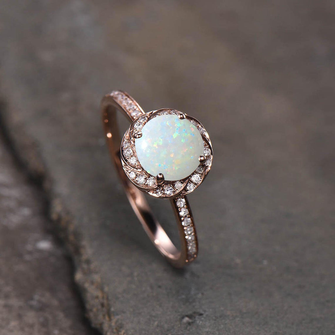 Fire White Opal Engagement Ring Diamond Opal Halo Ring