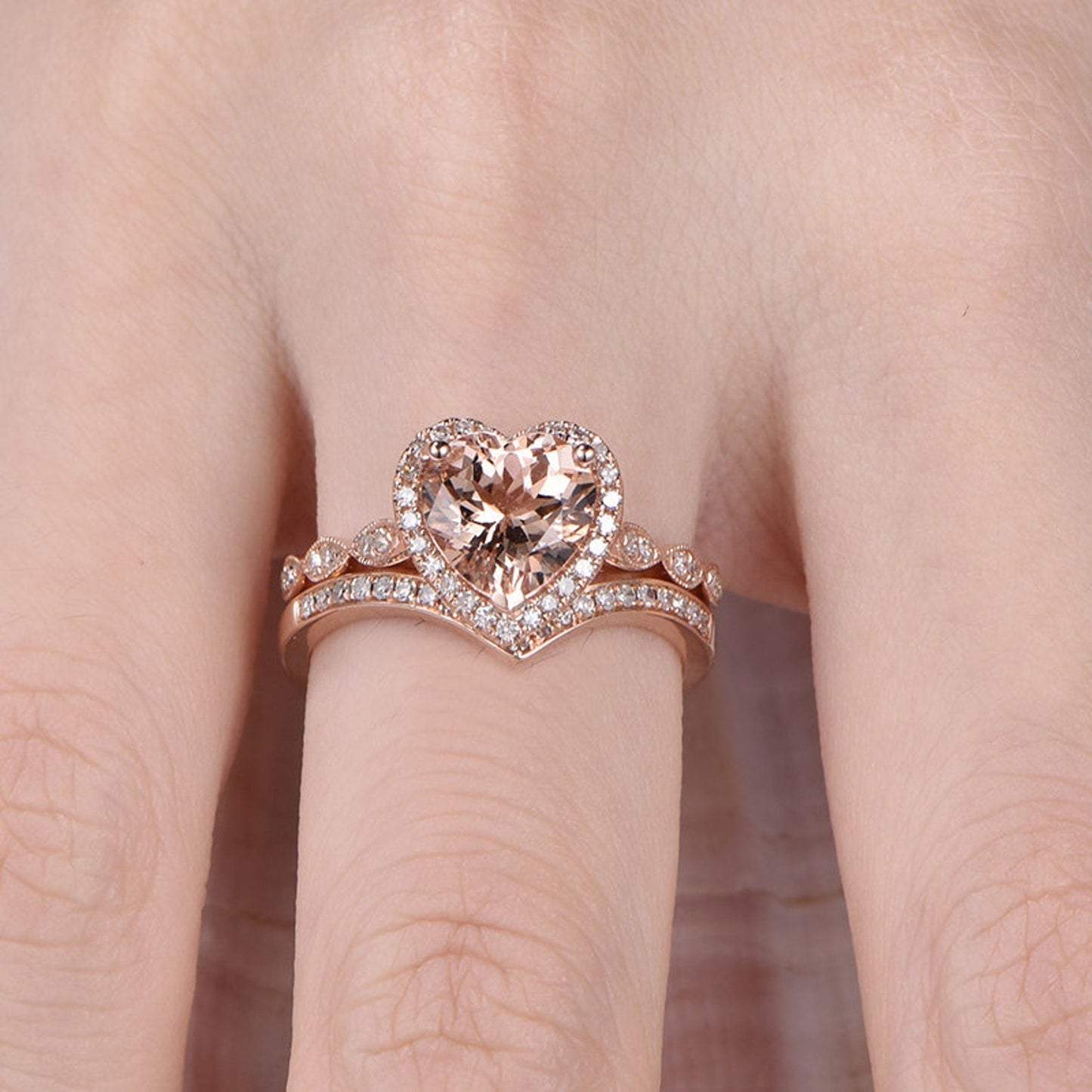 1.5 Carat Heart Shaped Morganite Engagement Ring Set Curved Diamond Stacking Band
