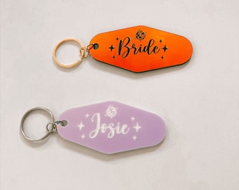 Let's go girls Personalized Name Motel Keychain,disco cowgirl bride,Vintage Hotel Style tag,Bachelorette party,Wedding Favors,palm springs