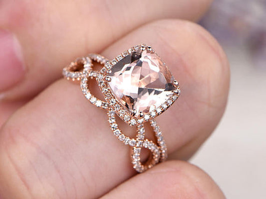 2pcs Cushion Morganite Engagement ring Set Infinity Diamond Wedding Ring