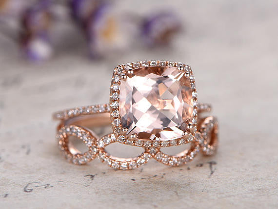 2pcs Cushion Morganite Engagement ring Set Infinity Diamond Wedding Ring