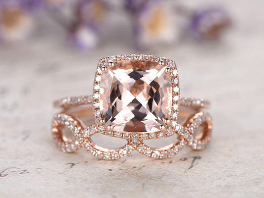 2pcs Cushion Morganite Engagement ring Set Infinity Diamond Wedding Ring