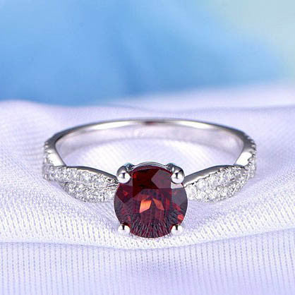 Garnet Engagement Ring 6.5mm Round Cut Garnet Ring Twisted Diamond Diamond Wedding Band Solid 14k White Gold Prongs Set Promise Ring