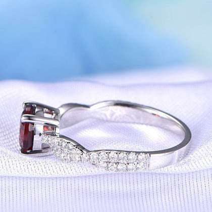 Garnet Engagement Ring 6.5mm Round Cut Garnet Ring Twisted Diamond Diamond Wedding Band Solid 14k White Gold Prongs Set Promise Ring