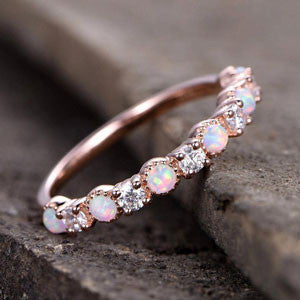 Half Eternity Vintage Opal and CZ Matching Wedding Band 14k Rose Gold Ring