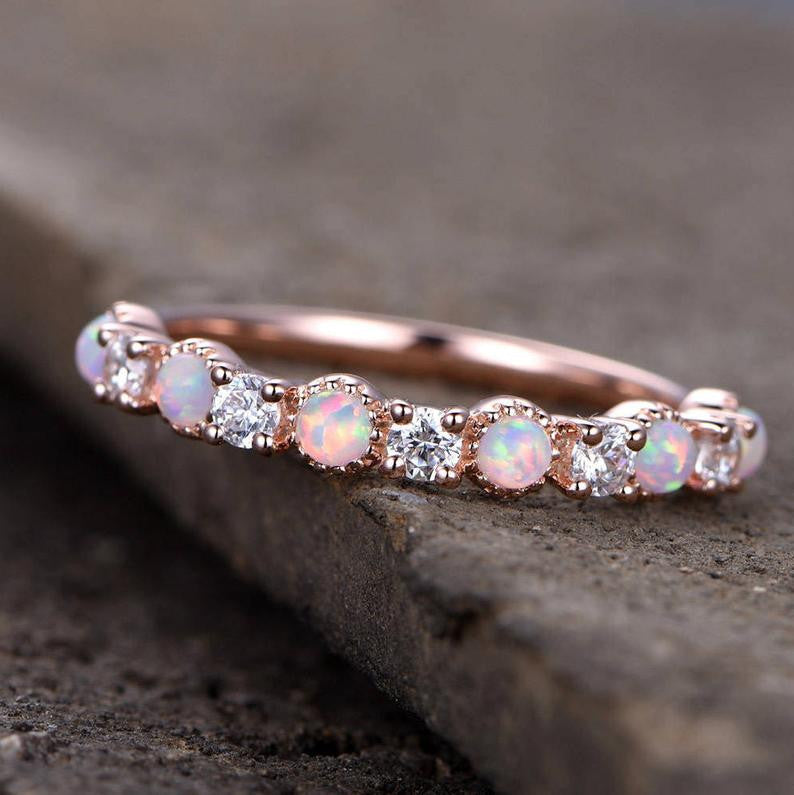 Half Eternity Vintage Opal and CZ Matching Wedding Band 14k Rose Gold Ring