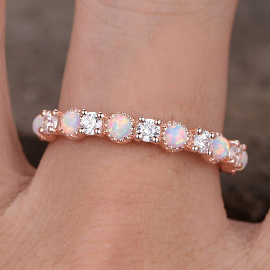 Half Eternity Vintage Opal and CZ Matching Wedding Band 14k Rose Gold Ring
