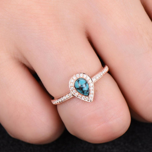 Diamond Halo 4*6mm Pear Shaped Turquoise Engagement Ring Rose Gold 14K/18K/Silver