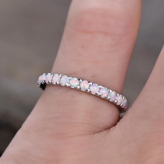 Full Eternity Opal Wedding Band Ring in 14k White Gold Stackable Matching Band for Women
