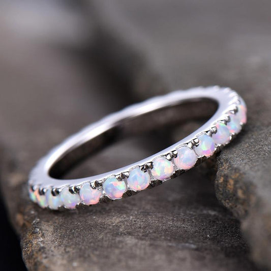 Full Eternity Opal Wedding Band Ring in 14k White Gold Stackable Matching Band for Women