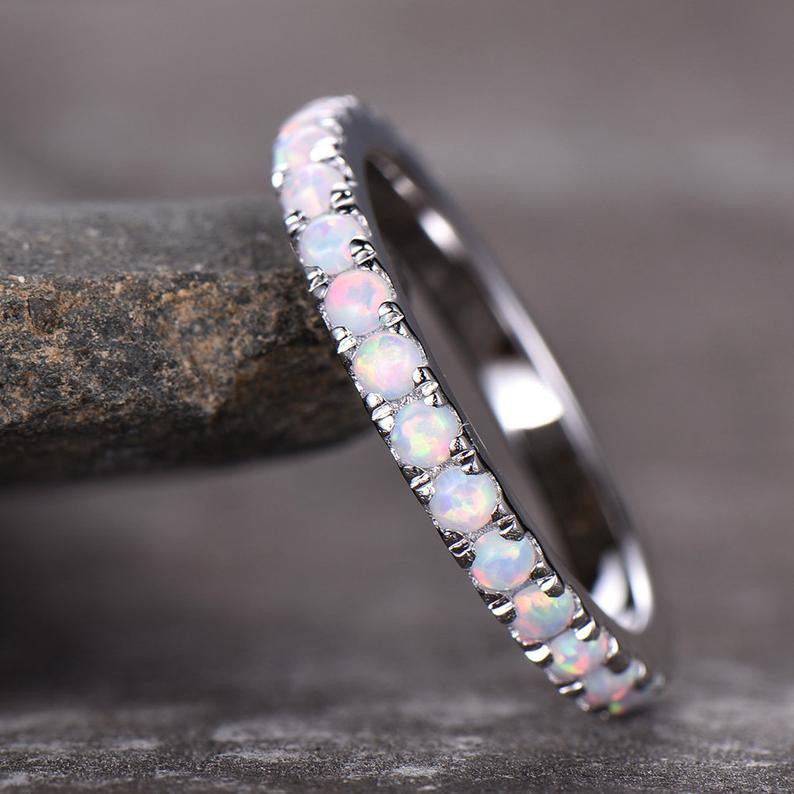 Full Eternity Opal Wedding Band Ring in 14k White Gold Stackable Matching Band for Women