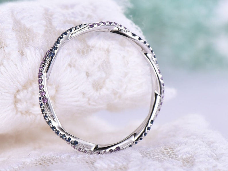 Full Eternity White Gold Infinity Amethyst Sapphire Wedding Band Promise Ring