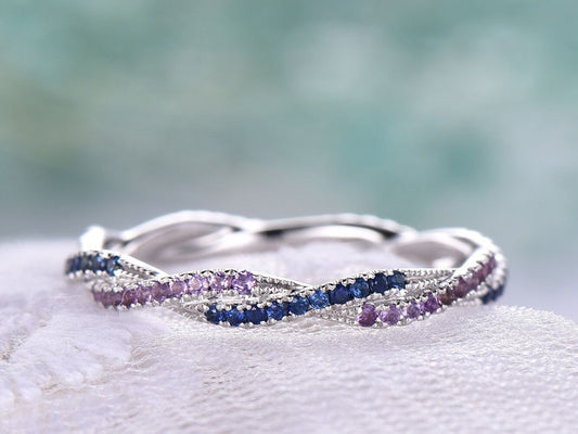 Full Eternity White Gold Infinity Amethyst Sapphire Wedding Band Promise Ring