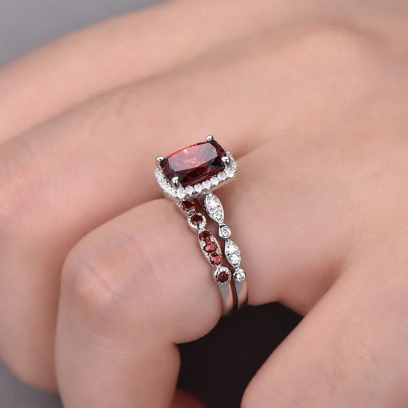 Garnet Fancy Halo Diamond Engagement Ring with Side Stones Bridal Set