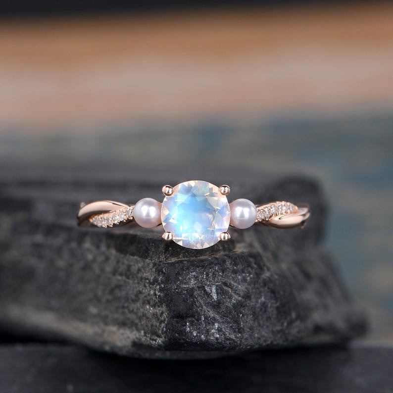Infinity Round Cut Moonstone Engagement Ring With Akoya Pearl White Gold Three Stone Wedding Band