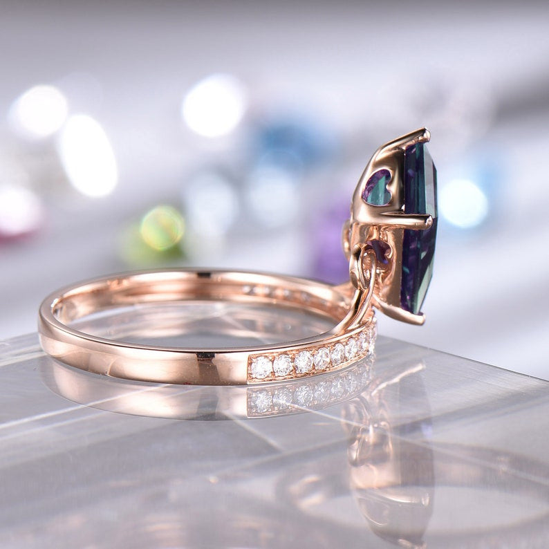 11x8mm Kite Alexandrite Engagement Ring Half Eternity Diamond Wedding Band Rose Gold
