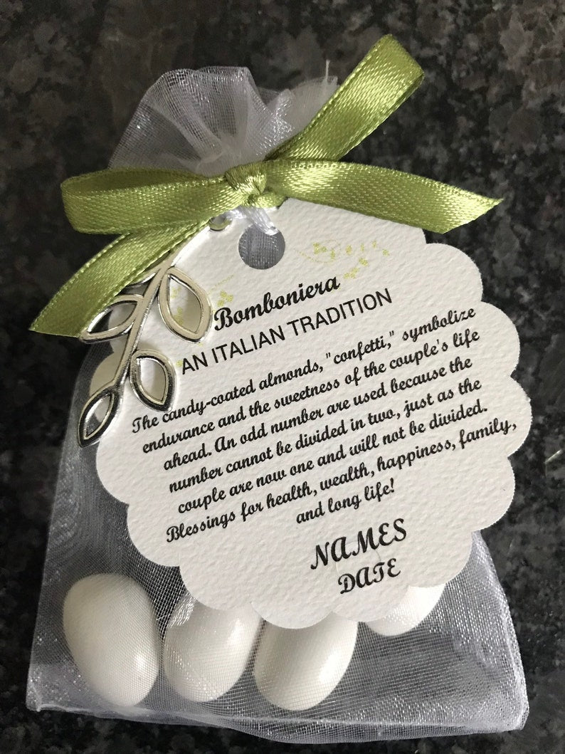 50- Bomboniera Favor with Olive Branch Charm €¢ 5 Jordan Almonds €¢ Italian Wedding Favor €¢ Baptism or Shower Keepsake €¢ Custom Tag