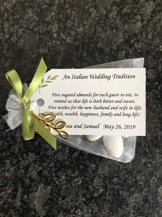 50 Bomboniere Favors with Olive Branch Charm  Jordan Almonds in Sheer Bag with Custom Tag & Olive Green Ribbon  Italian Wedding Favor