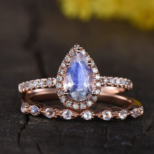 14K/18K Gold Pear Shaped Moonstone Diamond Halo Engagement Ring Set