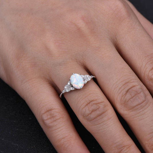 14K/18K Female Art Deco Opal Diamond Engagement Ring White Gold