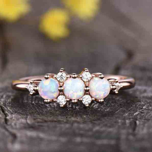 14K/18K Gold Antique White Opal Diamond Rose Gold Engagement Ring Three Stone