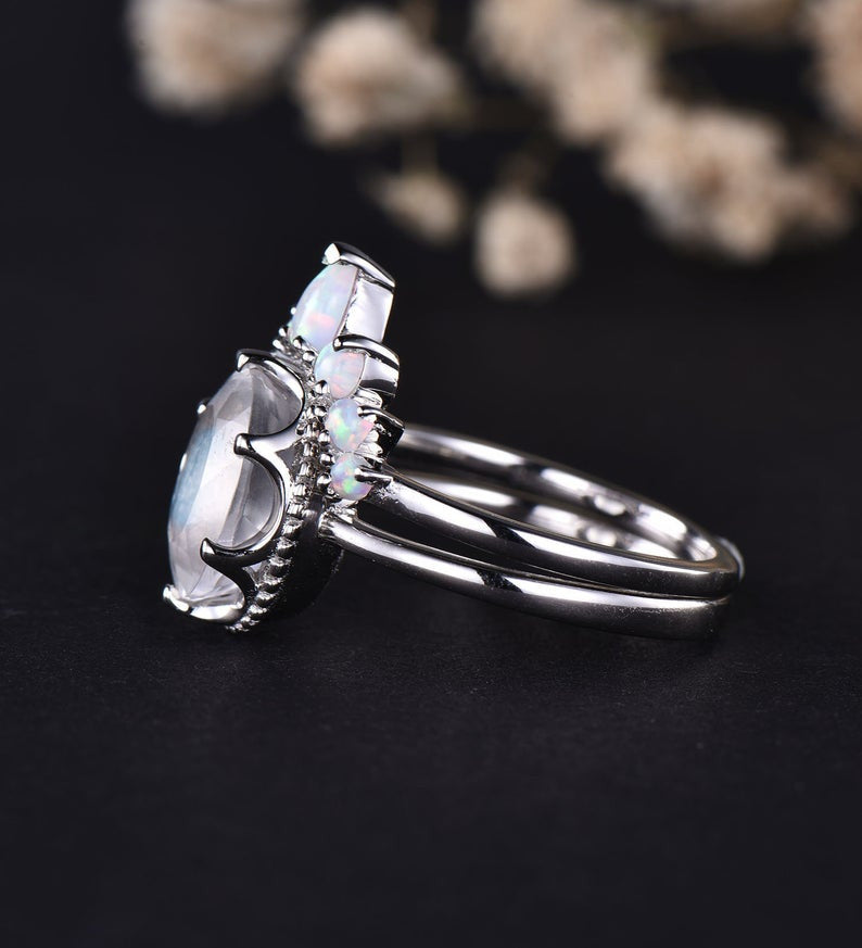 14K/18K Gold Faceted Moonstone Engagement Ring Set