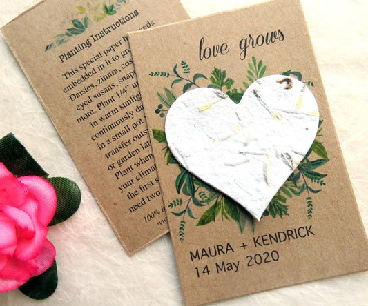 24 Seed Paper Wedding Favors - Plantable Hearts Personalized Cards