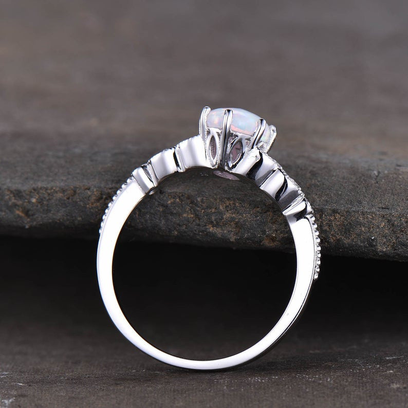 14K/18K Female Art Deco Opal Diamond Engagement Ring White Gold