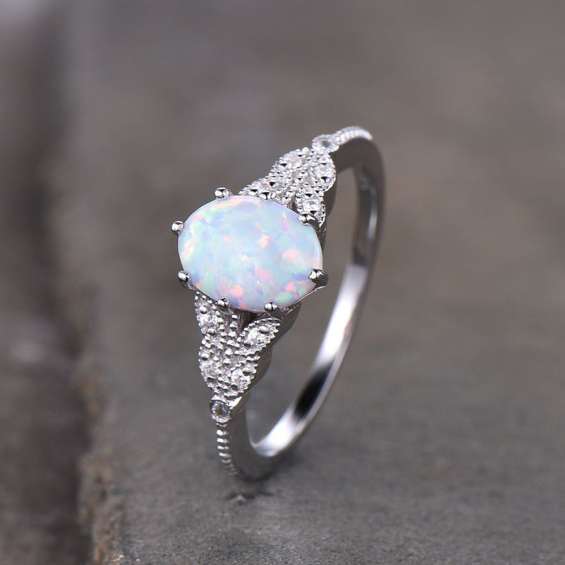 14K/18K Female Art Deco Opal Diamond Engagement Ring White Gold