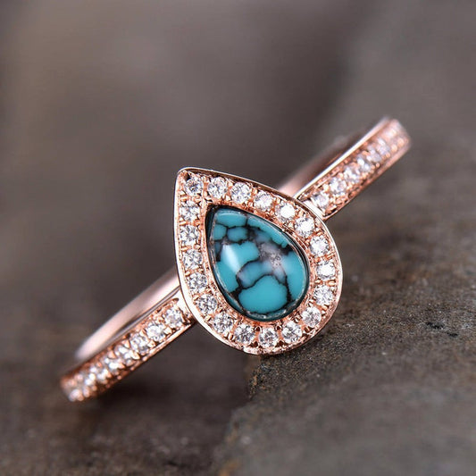 Diamond Halo 4*6mm Pear Shaped Turquoise Engagement Ring Rose Gold 14K/18K/Silver
