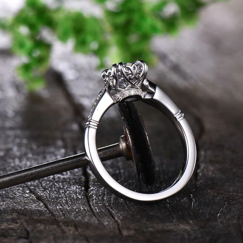 1.25ct Vintage Moissanite Engagement Ring Crown Set Half Eternity Moissanite Band